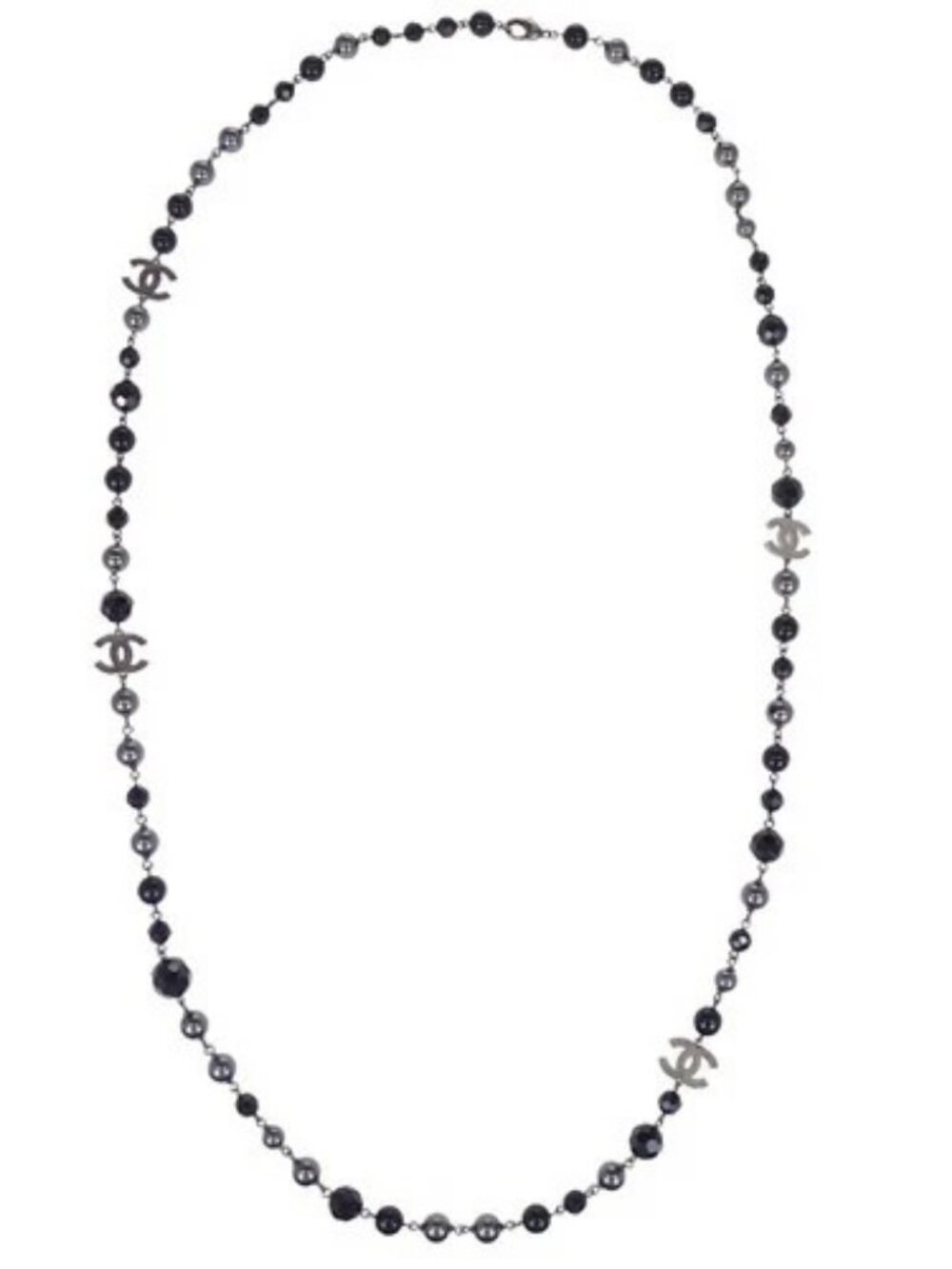 Chanel Black Artificial Pearl Beads Chain Necklace Silver A14V 179320